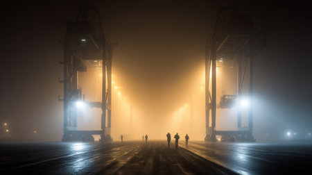Atmospheric fog envelops a dock scene featuring silhouetted workers near towering cranes, illuminated by soft yellow and blue lights, creating a mysterious ambiance.の素材
