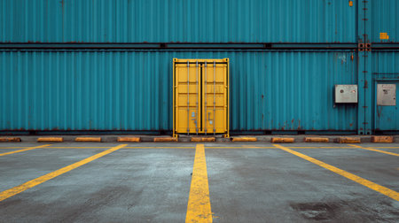 A vibrant yellow container door stands out against a turquoise wall in an urban industrial setting, contrasting the gray ground with bold yellow stripes and creating a minimalist aesthetic.の素材