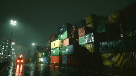 A nighttime view of a shipping port during rain, showcasing colorful stacked containers shimmering under streetlights, creating a dramatic and industrial scene.の素材