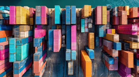 Capture the essence of logistical efficiency with this aerial view of a shipping container yard, filled with a rainbow of colors, all set against a tranquil water backdrop.の素材