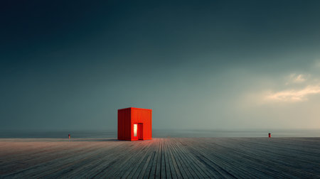 A striking red structure stands alone on a wooden dock, contrasting against a moody sky and tranquil water, creating a serene and minimalist atmosphere ideal for artistic projects.の素材