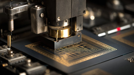 Close-up view of a laser cutting machine working on a metallic surface, showcasing precision engineering and intricate design. Ideal for high-tech manufacturing imagery.の素材