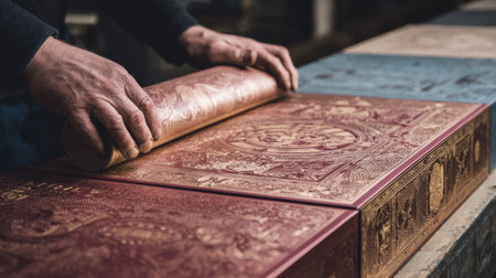 Capture the essence of traditional printmaking with skilled hands rolling a metal block over colorful surfaces, showcasing the intricate art of texture and design in a dedicated workshop.の素材