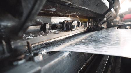 This image captures a close-up view of industrial machinery in action, showcasing the detailed mechanism of a steel sheet being processed in a factory environment.の素材