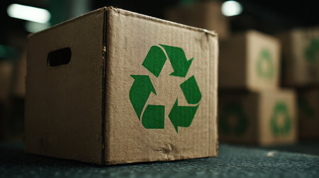A cardboard box adorned with a green recycling symbol highlights sustainable practices in a warehouse, representing eco-consciousness in shipping and packaging operations.の素材