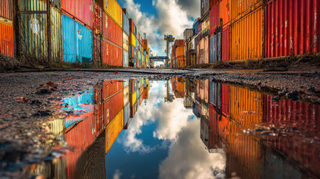 A captivating view of shipping containers in an industrial yard, their vivid colors reflected in a puddle under a dramatic sky, showcasing urban and environmental aesthetics.の素材