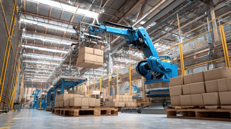 A striking image showcasing a cutting-edge warehouse featuring robotic arms efficiently handling cardboard boxes, symbolizing innovation and modern automation in logistics.の素材