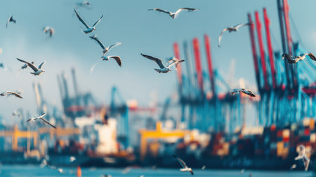A vibrant scene featuring seagulls in flight above a bustling harbor with towering cranes and colorful cargo ships, capturing the essence of maritime activity and wildlife.の素材