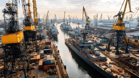 Stunning aerial view of a bustling industrial shipyard filled with cranes and docked vessels. This vibrant maritime scene showcases busy waterfront activities during golden hour.の素材