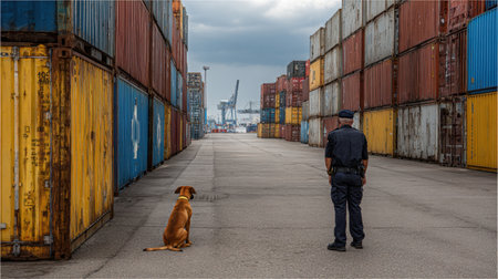 A police officer stands watch in a shipping container yard accompanied by a dog, highlighting the importance of security and partnership in industrial environments.の素材