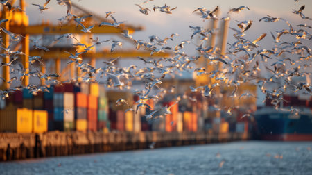 A vibrant flock of birds takes flight over serene waters, contrasting with colorful shipping containers at a bustling port, showcasing the beauty of nature and industry in harmony.の素材