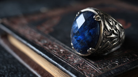 A beautiful silver ring featuring a large deep blue gemstone sits prominently on a textured leather book, capturing luxury and elegance in a softly lit environment.の素材