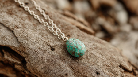 A stunning turquoise pendant necklace resting on rustic wood, capturing natural beauty and craftsmanship. Ideal for fashion lovers and jewelry enthusiasts seeking unique accessories.の素材