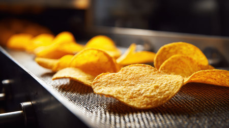 Freshly made crispy potato chips travel on a conveyor belt in a modern snack production facility, capturing the process of snack manufacturing under bright lighting.の素材