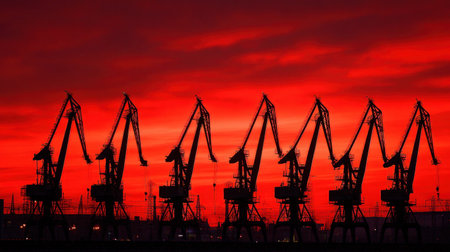 Dramatic silhouette of cranes against a vibrant sunset featuring fiery red and orange colors. This image captures the essence of industrial activity along the port landscape.の素材