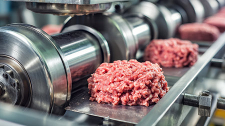 This image captures the modern meat processing equipment creating ground beef patties, highlighting advancements in technology and efficiency in the food manufacturing sector.の素材