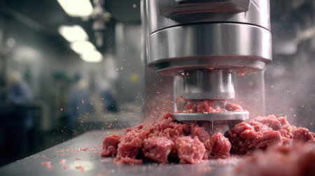 A dynamic close-up of a meat grinding machine in action, showcasing finely ground meat and steam, highlighting the food preparation process in a professional kitchen environment.の素材