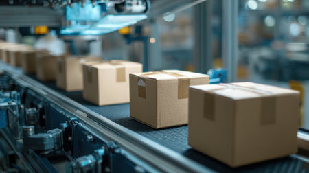 A busy warehouse scene highlighting an automated conveyor belt system moving cardboard boxes, emphasizing the advancements in logistics and efficiency in modern business operations.の素材