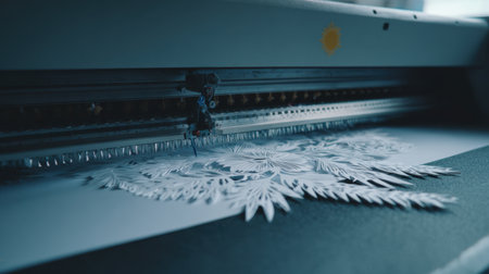 A state-of-the-art cutting machine delicately shapes intricate paper designs, showcasing remarkable patterns and fine details in a vibrant creative studio environment.の素材