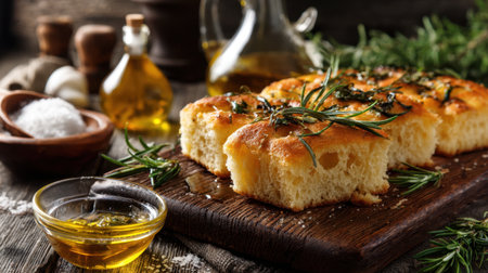 Savor the delightful aroma of freshly baked focaccia bread displayed on a wooden board, paired with olive oil and herbs, perfect for any culinary adventure.の素材