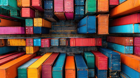 This aerial view captures a vibrant assembly of shipping containers organized in a logistics yard, showcasing the colorful structure of global trade and transportation networks.の素材