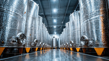 A spacious modern winery showcasing stainless steel fermentation tanks arranged in rows, illuminated by bright lights, highlighting the efficient winemaking process.の素材
