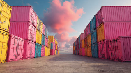 This vibrant image captures a colorful container yard at sunset, featuring pink, yellow, and blue storage units against a stunning cloudy sky, ideal for industrial themes.の素材