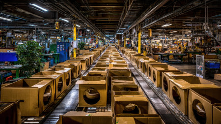 A vast industrial warehouse features a long aisle filled with empty cardboard boxes on a conveyor belt, showcasing an organized manufacturing setting with surrounding machinery.の素材