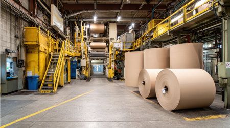 Inside a spacious paper manufacturing plant, huge rolls of unprocessed paper are prominently displayed amidst various industrial machines and equipment, showcasing a dynamic production environment.の素材