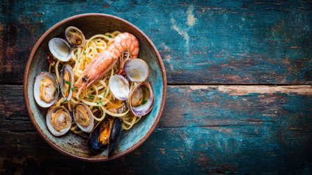 A delicious seafood pasta dish featuring succulent shrimp, tender clams, and mussels served in a rustic bowl against a weathered wooden surface, evoking warmth and a coastal charm.の素材