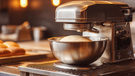 A sleek kitchen mixer with a shiny metal bowl is seen preparing dough for fresh bread in a contemporary bakery, showcasing a blend of style and functionality.の素材