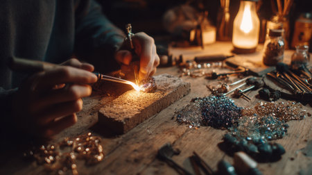 An intimate view of an artisan working with a torch, creating stunning jewelry pieces amidst a warm workshop atmosphere filled with tools and sparkles of creativity.の素材