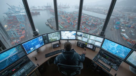 A high-tech control room featuring multiple screens displaying real-time data and visuals of a busy cargo port, shrouded in fog, showcasing advanced logistics and operations.の素材