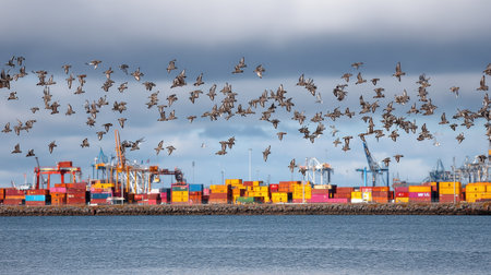 A stunning view of birds soaring over a vibrant shipping port, showcasing the contrast between nature and industry against a dramatic cloudy sky.の素材