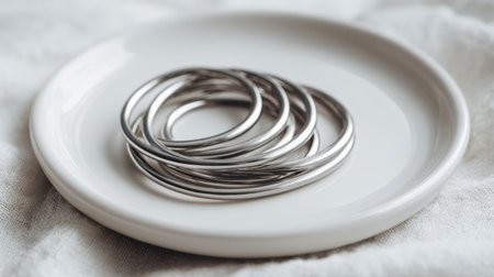 A close-up image of minimalist silver rings placed elegantly on a white ceramic plate, set against a soft fabric backdrop, perfect for showcasing modern jewelry design.の素材