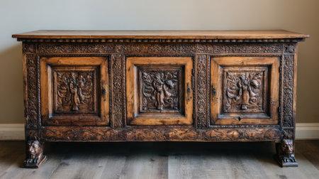 Beautiful vintage sideboard featuring intricate carvings and a warm wood finish, perfect for enhancing any traditional home decor or antique furniture collection.の素材