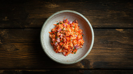 A vibrant salad featuring a blend of fresh vegetables coated in a flavorful red sauce, presented in a rustic bowl on a dark wooden table, ideal for healthy eating.の素材
