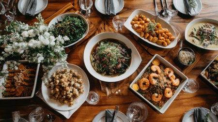 A lavish assortment of gourmet dishes beautifully arranged on a wooden table, showcasing vibrant ingredients, exquisite flavors, and a celebratory atmosphere perfect for any occasion.の素材