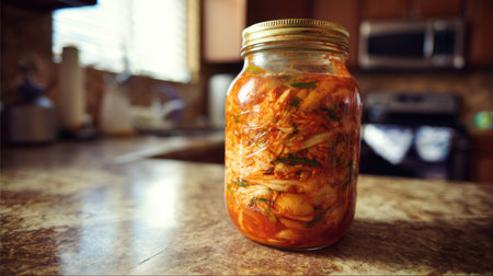 A vibrant jar of homemade kimchi sits proudly on a rustic kitchen counter, illuminated by inviting natural light, showcasing fermentation and culinary creativity that inspires food enthusiasts.の素材