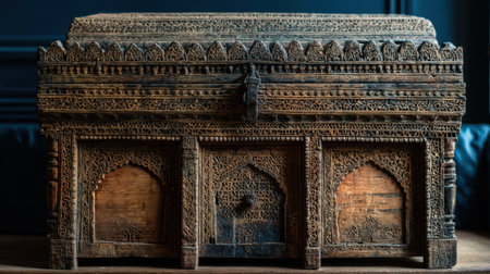 This beautifully crafted wooden box features intricate carvings and a rich texture, making it a stunning piece for decor or display, reflecting traditional artistry.の素材