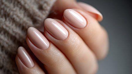 Close-up view of a perfectly manicured hand with nude nail polish, showcasing elegance and beauty. Ideal for marketing, fashion, and wellness concepts.の素材