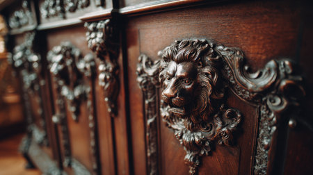 This stunning image features an intricately carved lion head on dark oak furniture, highlighting exceptional craftsmanship and classic design, ideal for elegant interior decor.の素材