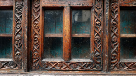 This captivating wooden window frame features intricate carvings of floral patterns and rich textures, perfect for showcasing architectural beauty and historical significance.の素材