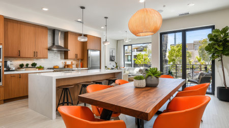 A modern kitchen and dining area featuring warm wood tones, vibrant orange chairs, and stylish decor, perfect for open-concept living and entertaining guests.の素材