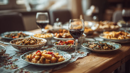 A beautifully arranged dining table features an array of plates filled with vibrant dishes complemented by glasses of red wine, ideal for a warm family gathering or special occasion.の素材