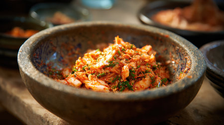 A vibrant bowl of Korean kimchi featuring a spicy red sauce and fresh vegetables, beautifully presented on a wooden table, perfect for showcasing traditional cuisine.の素材