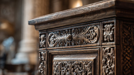 A captivating wooden cabinet featuring intricate carvings of floral and leaf motifs, highlighting exceptional craftsmanship and timeless elegance in interior design aesthetics.の素材