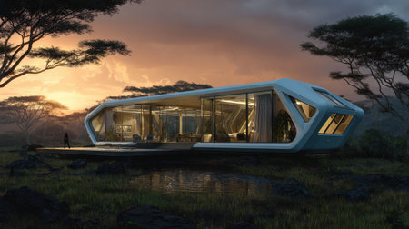 This stunning image features a modern house with a unique architectural design, set against a captivating sunset landscape, highlighting harmony with nature and innovative design.の素材