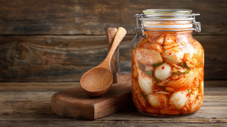 A beautifully captured jar of freshly fermented kimchi sits on a rustic wooden table, accompanied by a wooden spoon, ideal for culinary inspirations and food photography projects.の素材