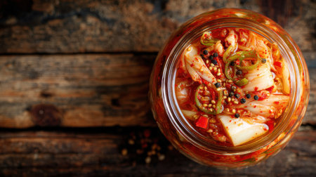 This image showcases freshly fermented kimchi in a glass jar, highlighting the vibrant colors and ingredients of this traditional Korean dish, perfect for food enthusiasts.の素材